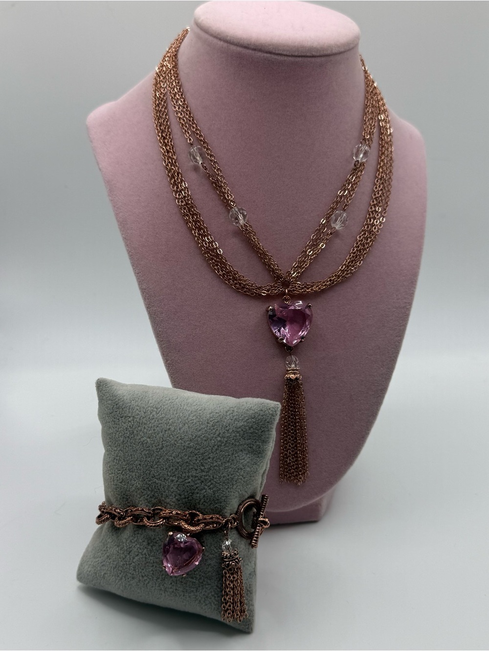2028 Rose Gold Multi-Strand Necklace & Bracelet Set with Pink Heart Pendant